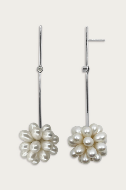 LONG SWARM EARRINGS / white topaz + freshwater pearl